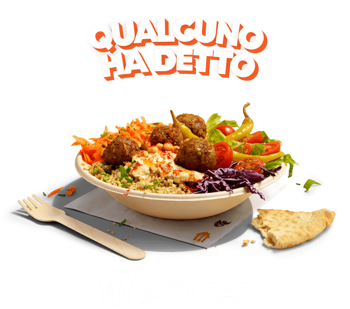 Grafica di QUALCUNO HA DETTO sopra una ciotola di falafel e verdura su sfondo arancione con logo Just EAT sotto